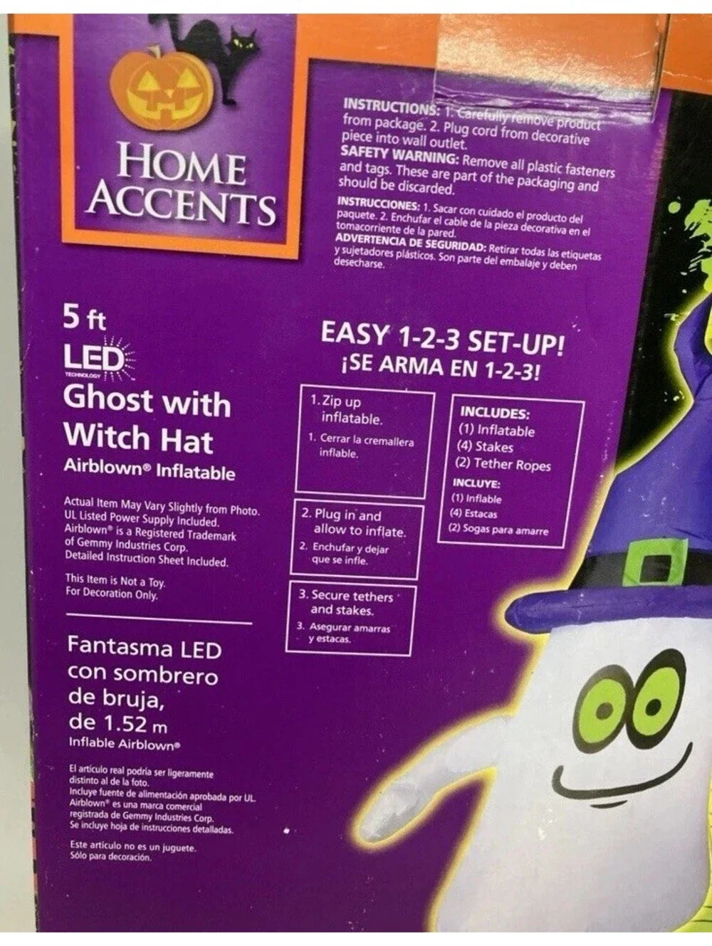Airblown Inflatable 5’ LED Ghost W/ Witch Hat Halloween Indoor Outdoor Orig Box
